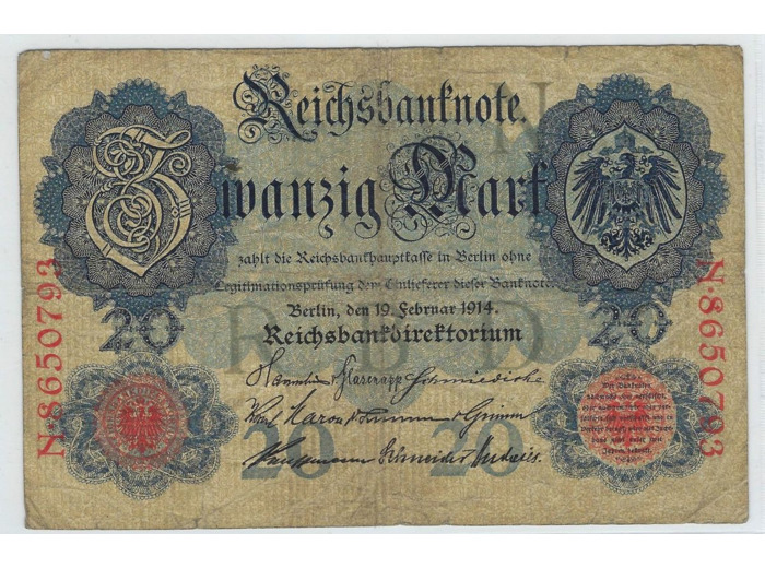 ALLEMAGNE 20 MARK SERIE N 8650793 19-02-1914 TB+