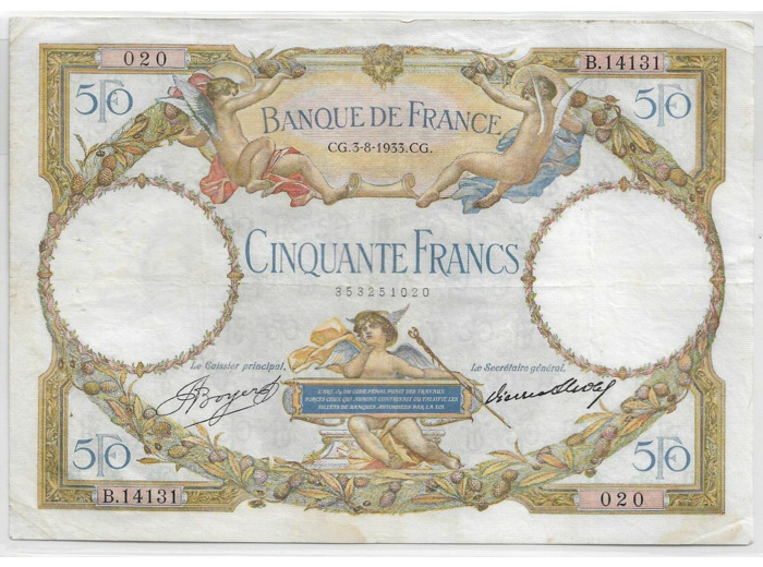FRANCE 50 FRANCS L.O. MERSON SERIE B.14131 3-8-1933 TTB