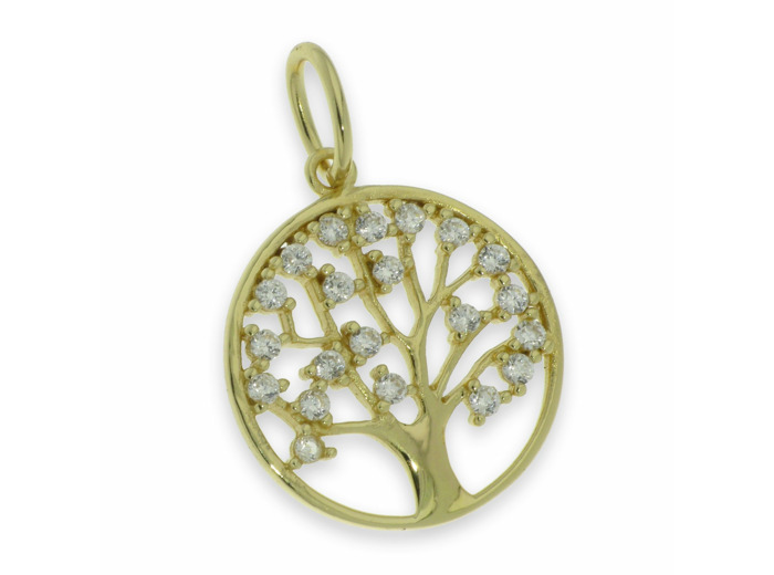 Pendentif en Argent 925 Plaqué-Or et Zirconium diam.18mm-ARBRE de VIE