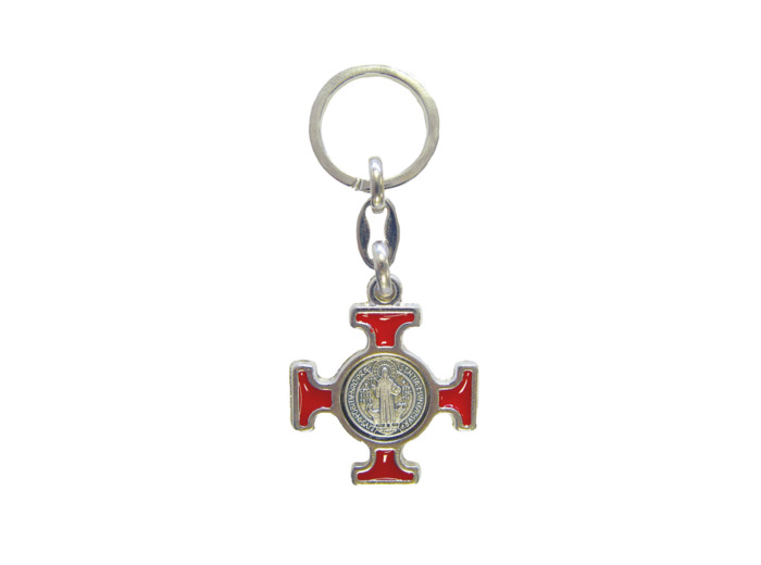 Porte-Clefs St Benoît en Métal Argenté avec Email - ROUGE