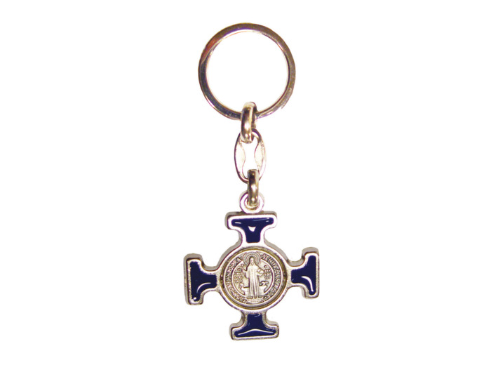 Porte-Clefs Saint Benoît en Métal Argenté avec Email-BLEU