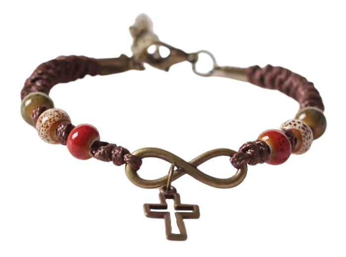 Bracelet en Corde Marron - CROIX + COEUR INFINI- perles rouges