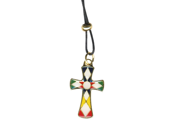 Croix  37mm en Métal Doré avec Résine Multicolore + Lacet