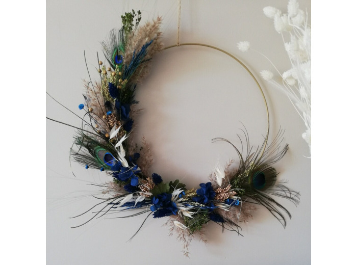 Couronne fleurs séchées plumes de paon <br>vert & bleu