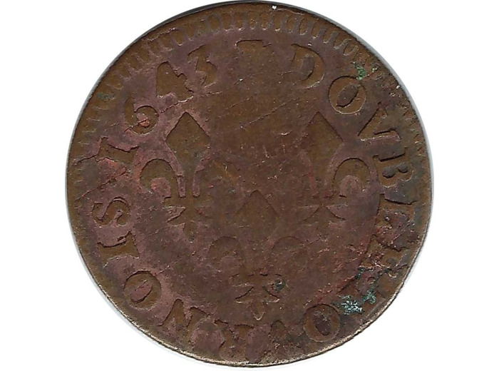 LOUIS XIII (1610-1643) DOUBLE TOURNOIS 1643 (SANS ATELIER) 1gr87 TB+
