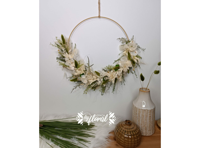 Couronne de fleurs séchées - blanc- vert kaki -olive