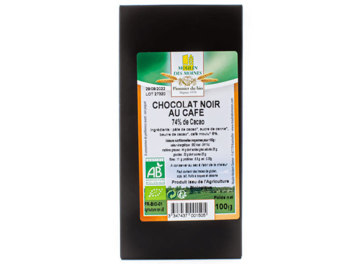 Chocolat Noir Café 74% Cacao Bio 100g