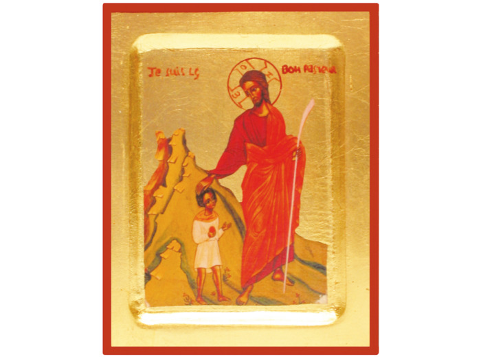 Icône dorée incurvée 14*18cm - CHRIST BON PASTEUR ET ENFANT