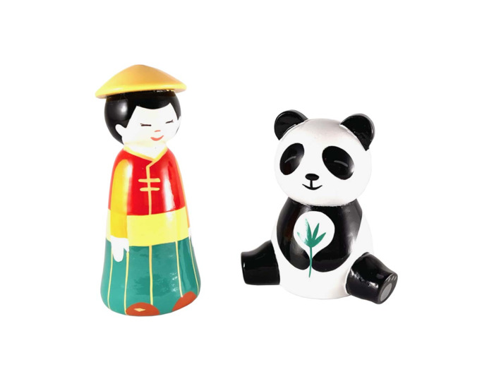 Garçon asiatique en bois tourné 10cm  avec panda  + boite