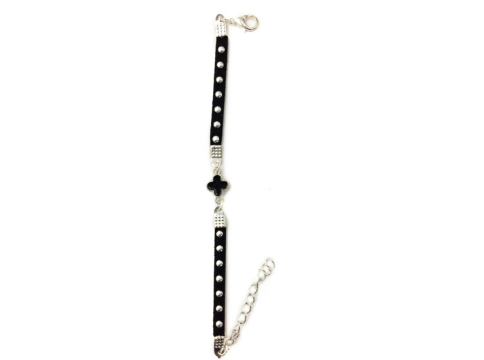 Bracelet métal doré /simili cuir noir- croix noire ronde
