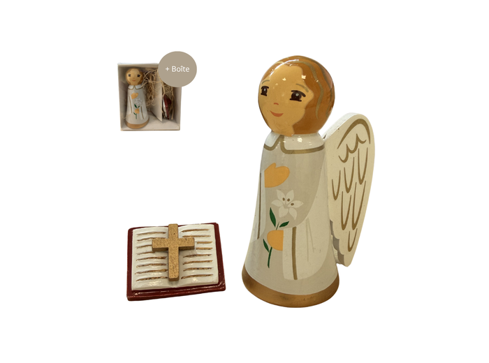 Ange Gabriel et Bible en bois tourné 8.5cm + boite