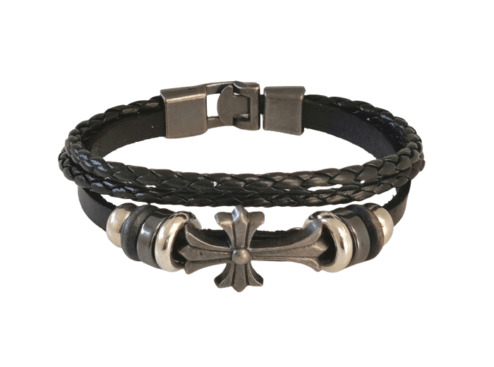Bracelet en Cuir + Croix en Métal - NOIR