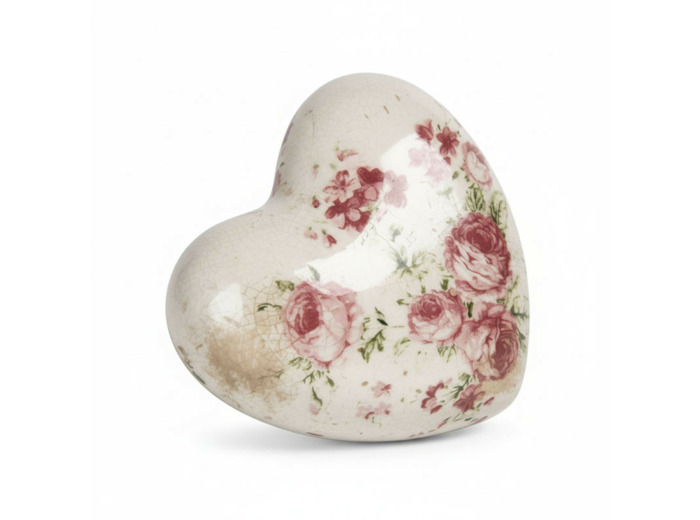 Coeur décoratif céramique motif roses 11x11x4cm