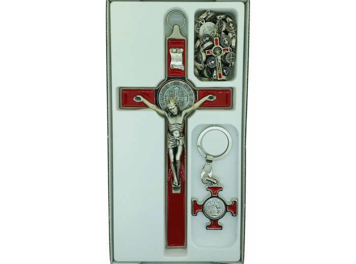 Coffret St Benoît 22,5x11,5cm croix + chapelet + PC - ROUGE
