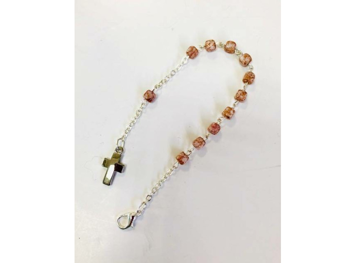 Dizainier en verre chaine argentée+fermoir-grains carrés-CHINE CORAIL