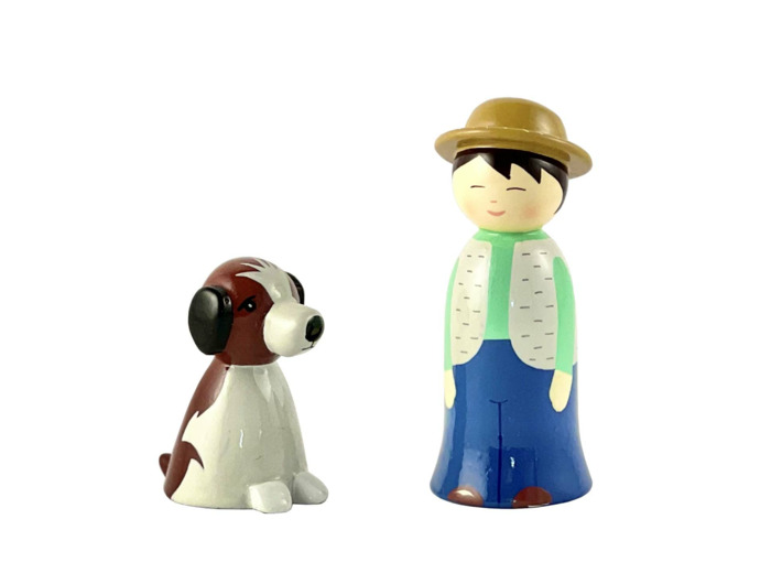 Enfant et son chien en bois tourné 10cm + boite