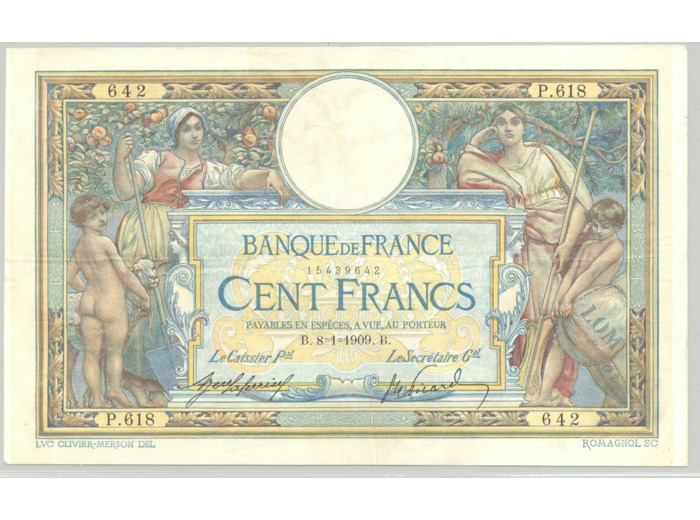 FRANCE 100 FRANCS L.O.M avec LOM SERIE P.618 8-1-1909 TTB