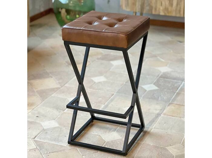 Tabouret de bar vintage cuir marron 38x38x74cm