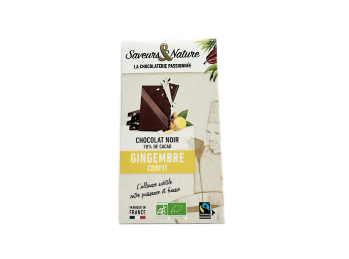 Chocolat Noir 70% Gingembre Confit Bio 80g