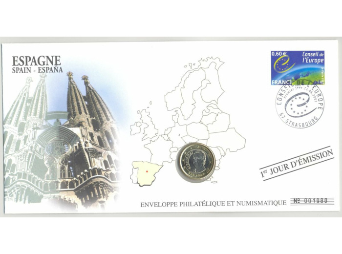 ENVELOPPE PHILATELIQUE NUMISMATIQUE CONSEIL EUROPE 1 EURO ESPAGNE 2002