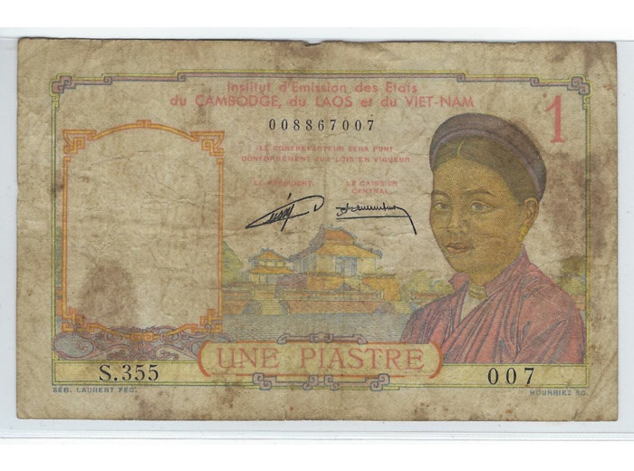 INDOCHINE (Cambodge-Laos -Viet-Nam) 1 PIASTRE SERIE S.355 ND 1953 TB+
