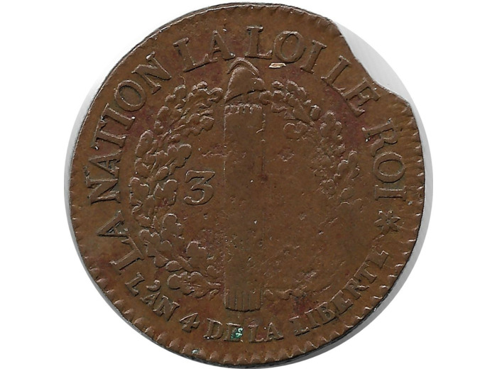 FRANCE 3 DENIERS FRANÇAIS 1792 BB (Strasbourg) TB