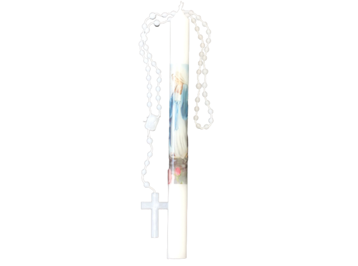 Bougie V. Miraculeuse 26cm avec Prière + Chapelet blanc en Plastique