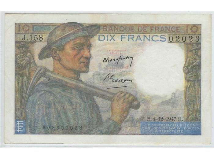 FRANCE 10 FRANCS MINEUR TYPE 1941 4-12-1947 J.158 SUP