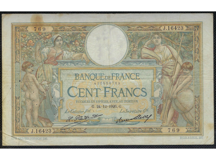 FRANCE 100 FRANCS MERSON sans LOM 24-12-1926 J.16423 TB+ (F24/05)