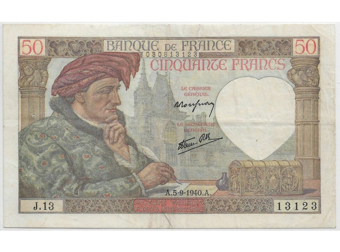 FRANCE 50 FRANCS JACQUES COEUR SERIE J.13 5-9-1940 TTB