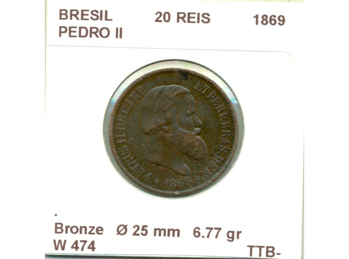 BRESIL 20 REIS 1869 PEDRO II TTB-