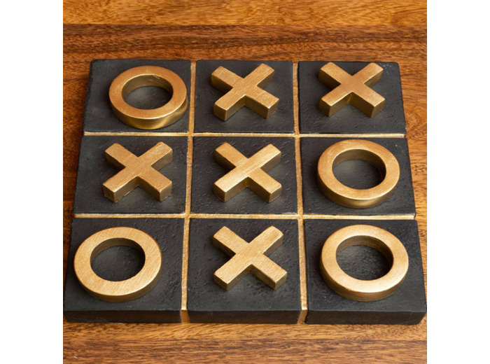 Jeu OXO Décoratif en Ciment Noir Fini Mat et Pièces Or Antique 21x21cm