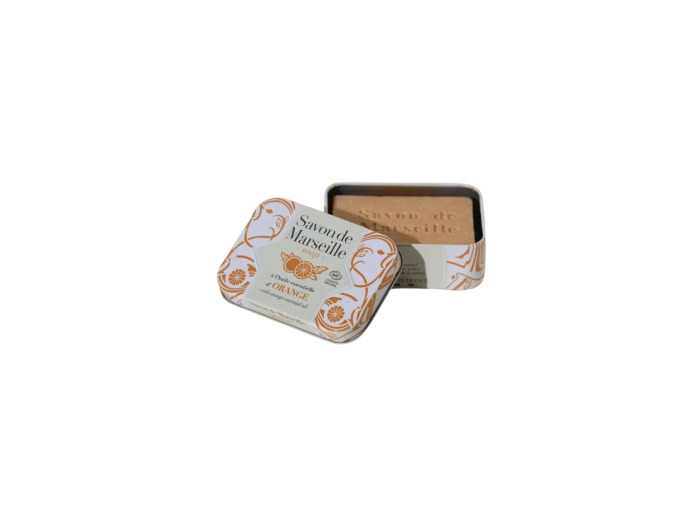Savon de Marseille boîte métal décorée parfumé à l'huile essentielle d'Orange 100g