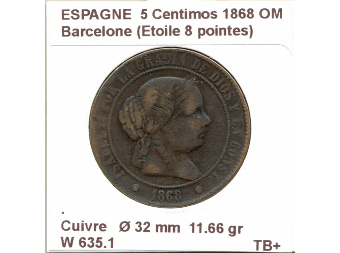 Espagne ( SPAIN )  5 CENTIMOS 1868 OM  BARCELONE TB+