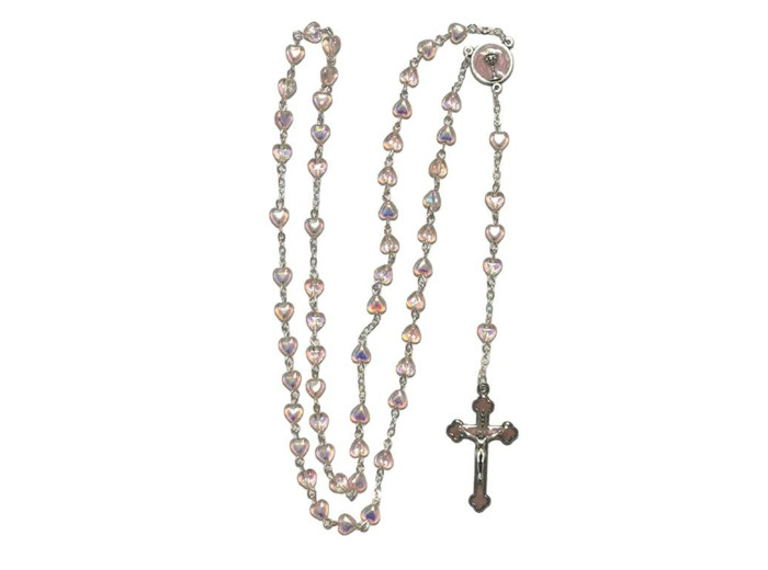 Chapelet Perles en Nacre Rose sur chaine argentée - COMMUNION COEUR
