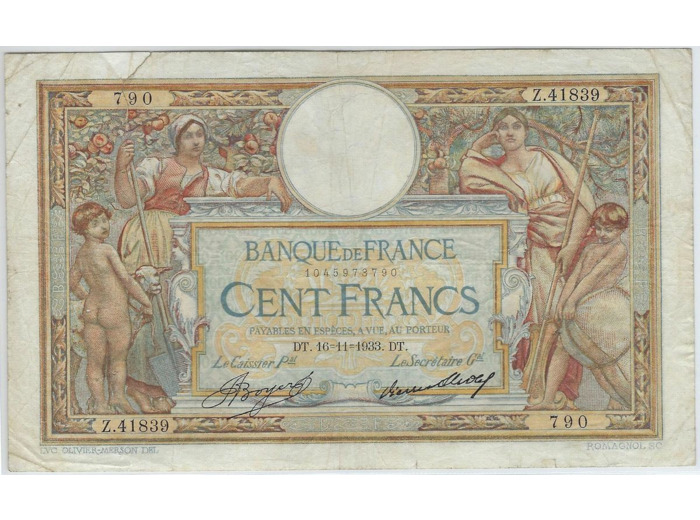 FRANCE 100 FRANCS MERSON SANS LOM SERIE Z.41839 16-11-1933 TB+