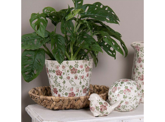Pot motif floral rose vert céramique beige 17x17x16cm