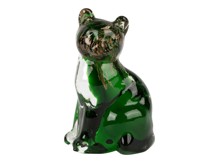 Chat décoratif verre vert doré 7x6x10cm