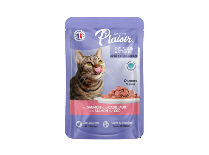 Repas plaisir Chat, émincés au SAUMON et au CABILLAUD en sauce - 100g