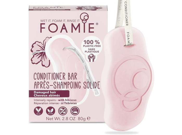Foamie Après-Shampoing solide pour cheveux secs et abîmés à l'hibiscus qui répare les cheveux, démêlant cheveux 100% vegan et sans plastique 80g Hibiscus pour Cheveux Abîmés
