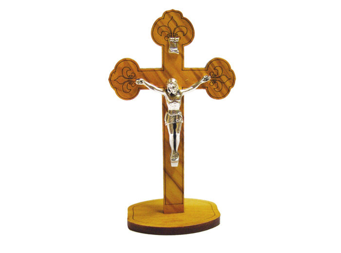 Crucifix en Olivier 10cm sur Pied découpé au Laser