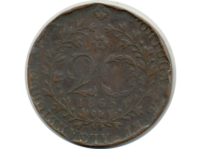 ACORES 20 REIS 1865 LUDOVICUS I (coups tranche) TB (W15)