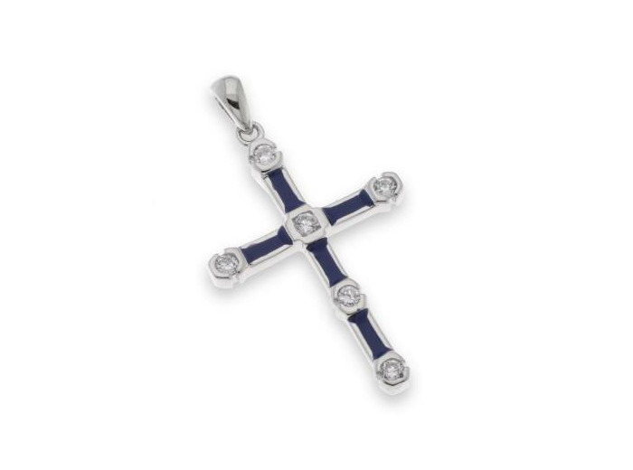Croix en Argent 925 3,8cm- EMAIL BLEU et ZIRCONIUMS