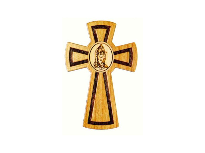 Croix en Bois d'Erable en Boite LUXE 13,3cm - MAINS EN PRIERE