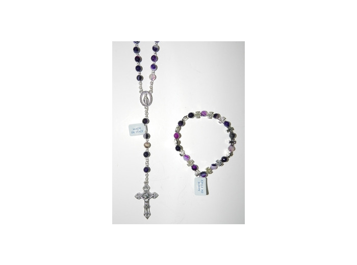 Coffret Chapelet +bracelet-dizainier argenté- AGATE VIOLETTE