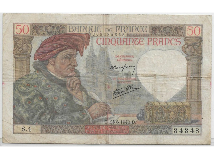 FRANCE 50 FRANCS JACQUES COEUR SERIE S.4 16-6-1940 TB+