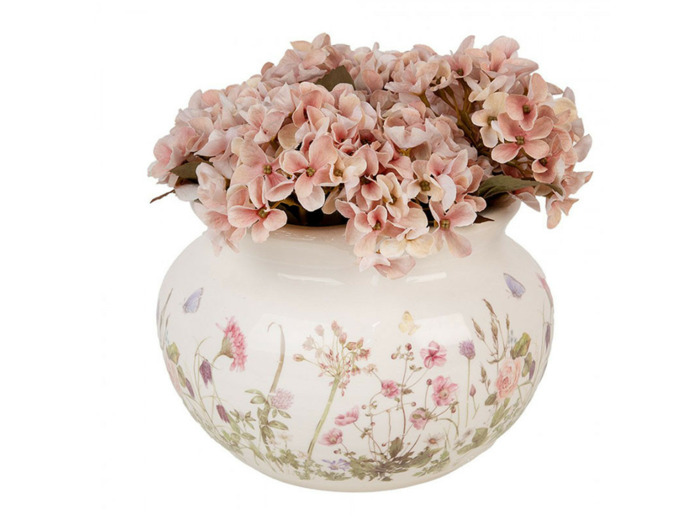 Pot de fleurs céramique beige fleurs roses 23x16cm