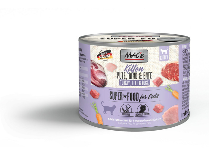 Pâtée Dinde, Boeuf, Canard (sans céréales) pour chaton - 200gr