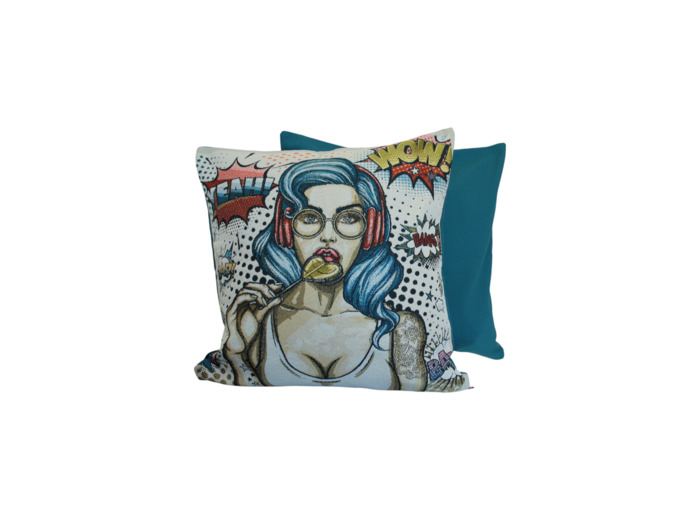 COUSSIN AVEC MOTIF FEMME AUX CHEVEUX BLEUS