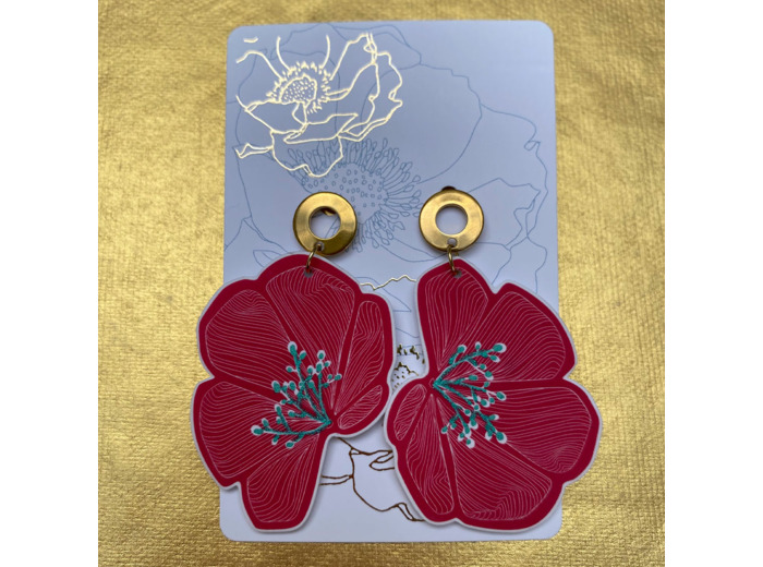 Boucles d'oreilles demi fleur asymétriques coloris rose pailletées vert